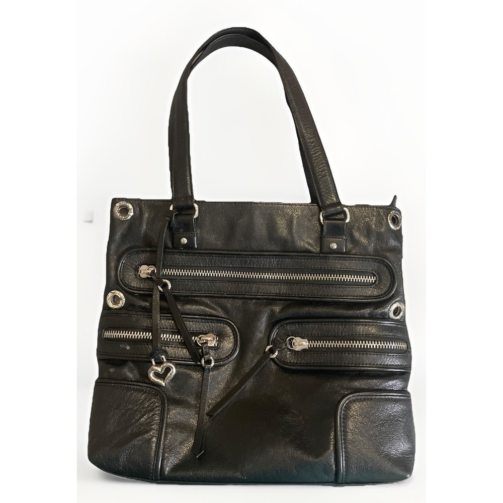 Brighton Morrison Black leather messenger bag with silver hardware #leather